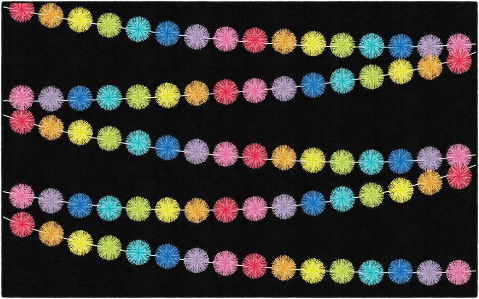 RAINBOW POMS ON BLACK RECTANGLE CARPETS 7'6" X 12'