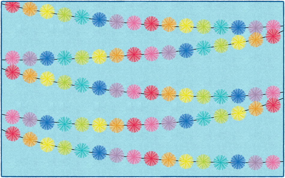 RAINBOW POMS ON BLUE RECTANGLE CARPETS 7'6" X 12'