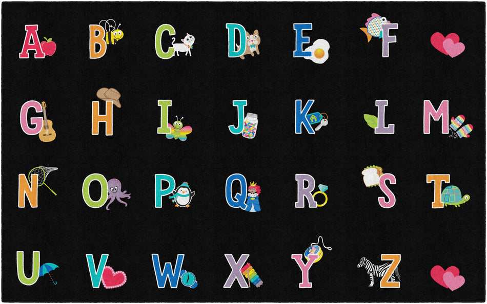 ALPHABET PICTURES ON BLACK CRISS CROSS APPLESAUCE RECTANGLE CARPETS 7'6" X 12'