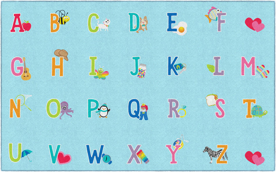 ALPHABET PICTURE ON BLUE CRISS CROSS APPLESAUCE RECTANGLE CARPETS 7'6" X 12'