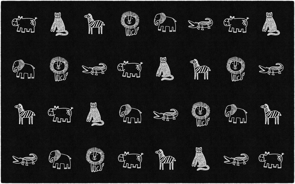 BLACK & WHITE SAFARI ANIMALS CRISS CROSS APPLESAUCE RECTANGLE CARPETS 7'6" X 12'