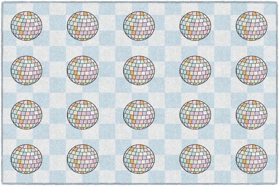 DISCO BALLS ON BLUE CHECKERBOARD SIT SPOTS RECTANGLE CARPETS 5' X 7'6"