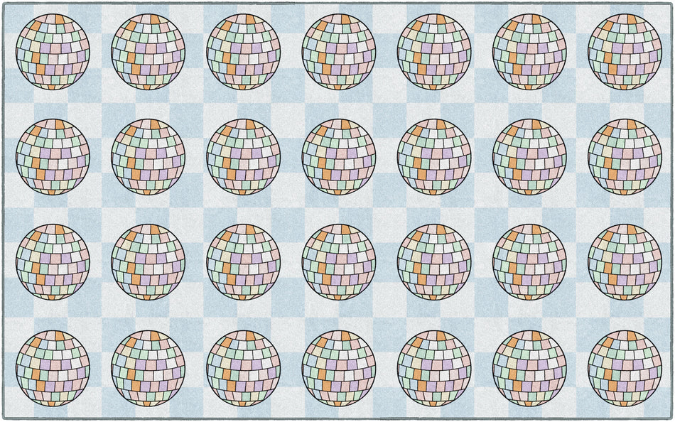 DISCO BALLS ON BLUE CHECKERBOARD SIT SPOTS RECTANGLE CARPETS 7'6" X 12'