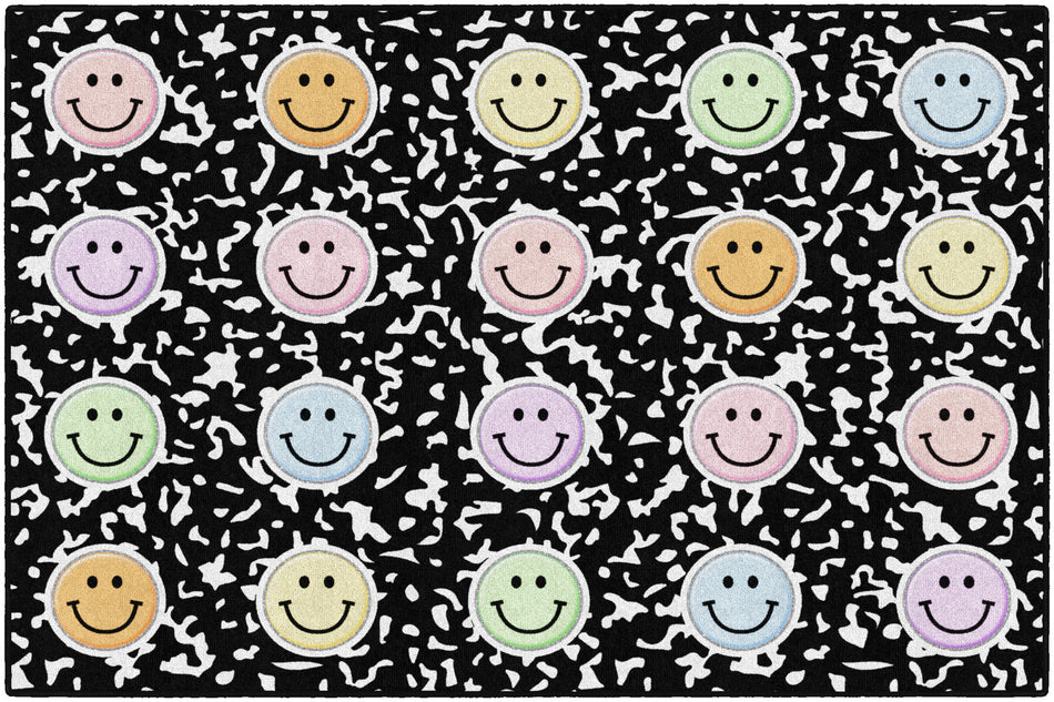 HAPPY FACES ON COMPOSITION  BOOK PAPER SIT SPOTS RECTANGLE CARPETS 5' X 7'6"