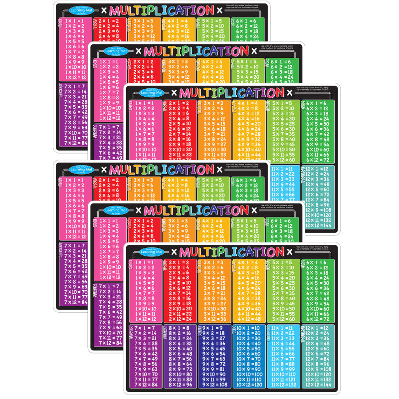 Smart Poly&trade; Learning Mat, 12" x 17", Double-Sided, Multiplication, Pack of 6