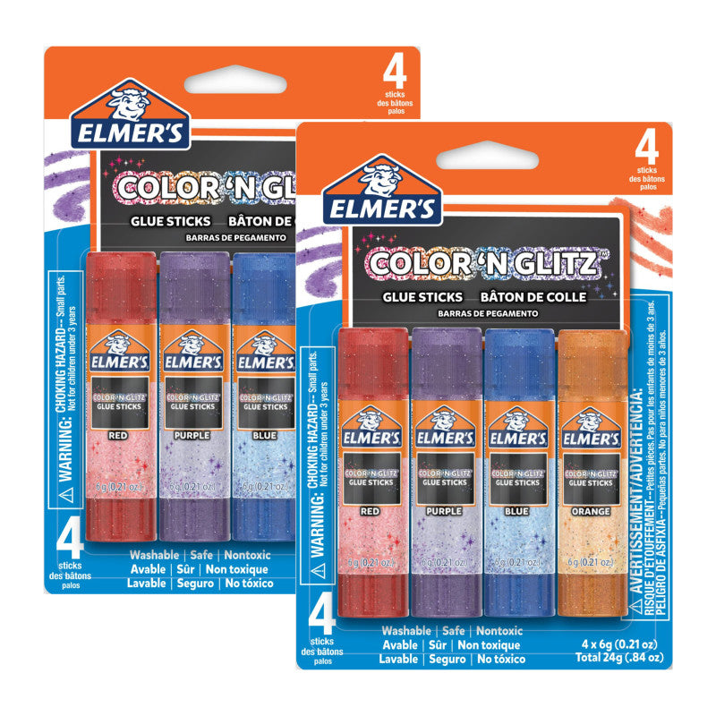 Color and Glitter Glue Sticks, Red, Orange, Blue and Purple, 2-Pack, 8 Sticks Total