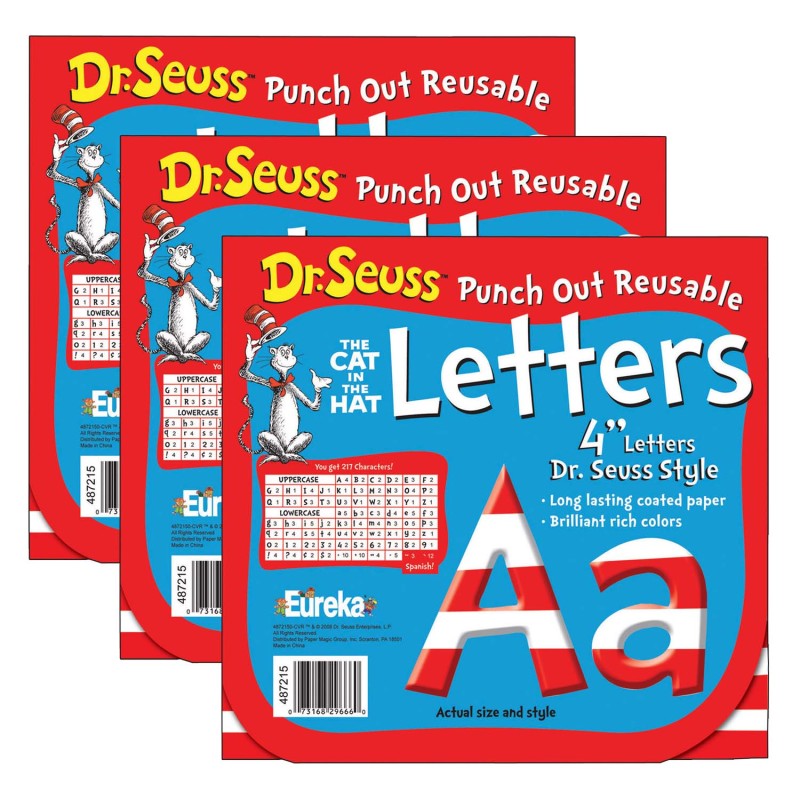 Dr. Seuss&trade; Stripes Reusable Punch Out Deco Letters, 4", 217 Pieces Per Pack, 3 Packs