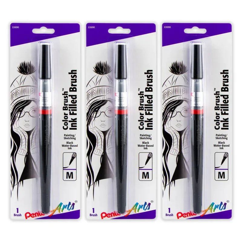 Color Brush with Water-Based Ink, Medium Tip, Black, Pack of 3