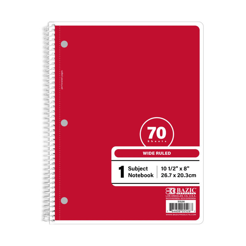 1-Subject Spiral Notebook, Wide Ruled, 70 Count, Red