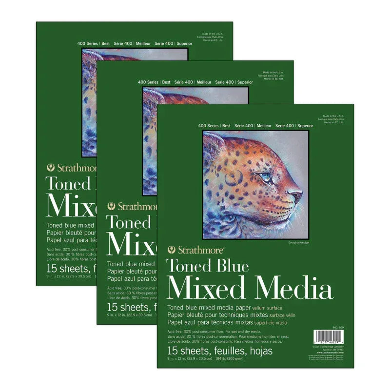 400 Series Mixed Media Pad, Toned Blue, Glue Binding, 15 Sheet, 9x12 inch, Pack of 3