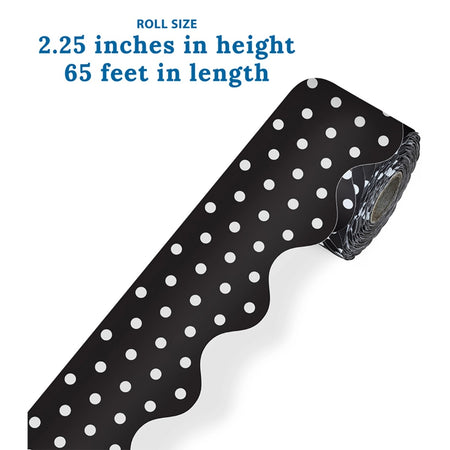 Rolled Scalloped Borders 2-1/4" Wide x 65 feet roll - Black with White Polka Dots (Carson Dellosa 108474)