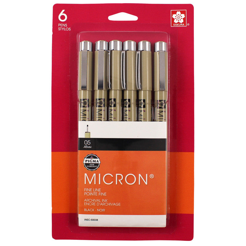 Pigma Micron Pens, Black, Size 05, 6-Pack, Blister Card