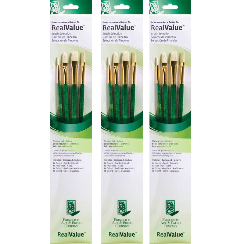 RealValue Brush Set, Natural Bristles, Long Handle Mixed Media Paintbrush, Green, 4 Per Set, 3 Sets
