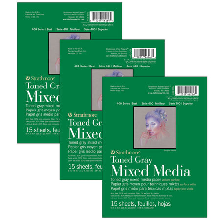400 Series Mixed Media Pad, Toned Gray, Glue Binding, 15 Sheet, 6x8 inch, Pack of 3