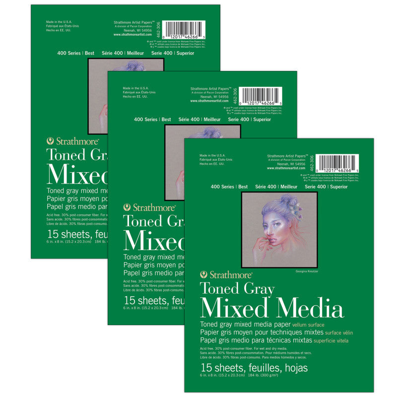 400 Series Mixed Media Pad, Toned Gray, Glue Binding, 15 Sheet, 6x8 inch, Pack of 3