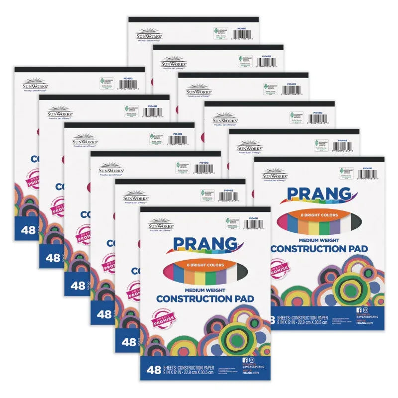 Construction Paper Pad, Medium Weight, 8 Assorted Colors, 9" x 12", 48 Sheets, Pack of 12