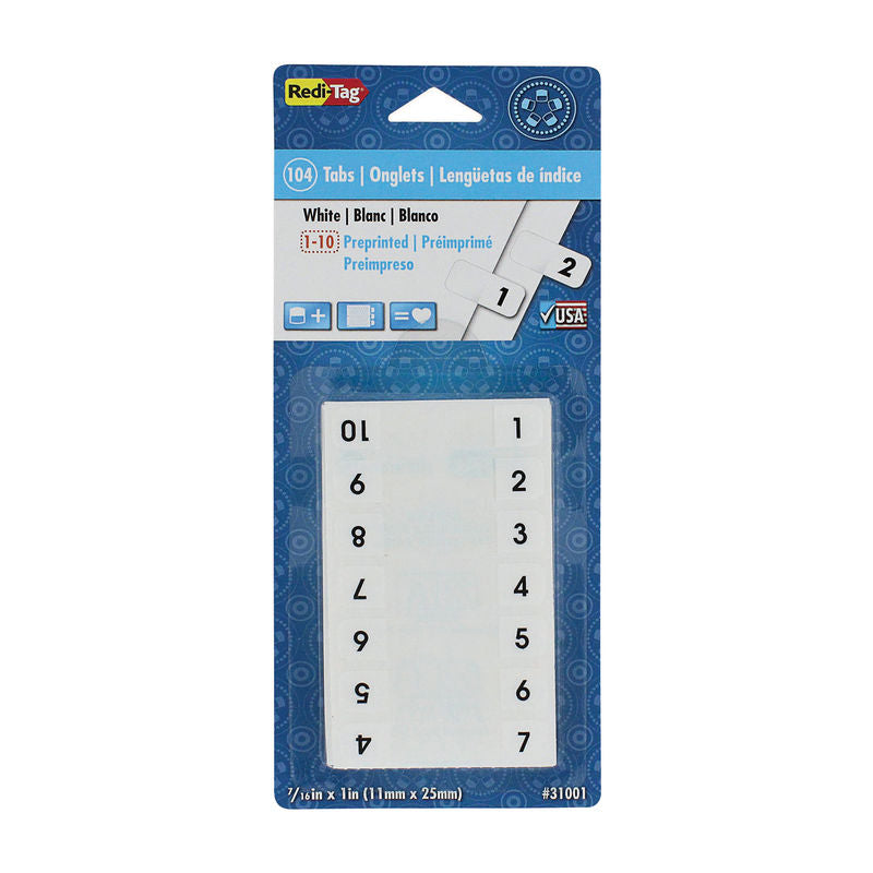 Preprinted Numeric Index Tabs, Numbers 1-10, White, 7/16 x 1 in., 104 Count