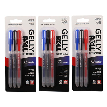 Retractable Classic Gel Pens, 08 Medium Point, Assorted Colors, 3 Per Set, 3 Sets