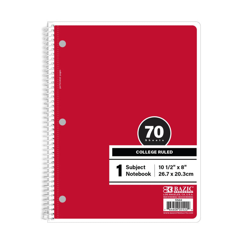 1-Subject Spiral Notebook, College Ruled, 70 Count, Red