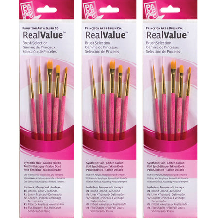 RealValue Brush Set, Gold Taklon Bristles, Short Handle Mixed Media Paintbrush, Pink, 5 Per Set, 3 Sets