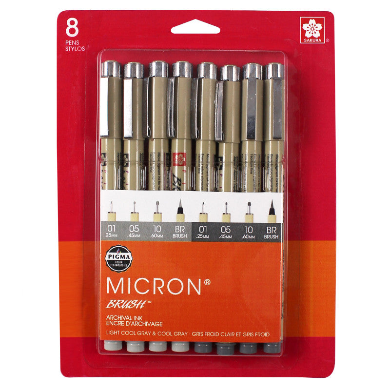 Pigma Micron Pens, Grays, Assorted Sizes, 8-Piece Set, Blister Card