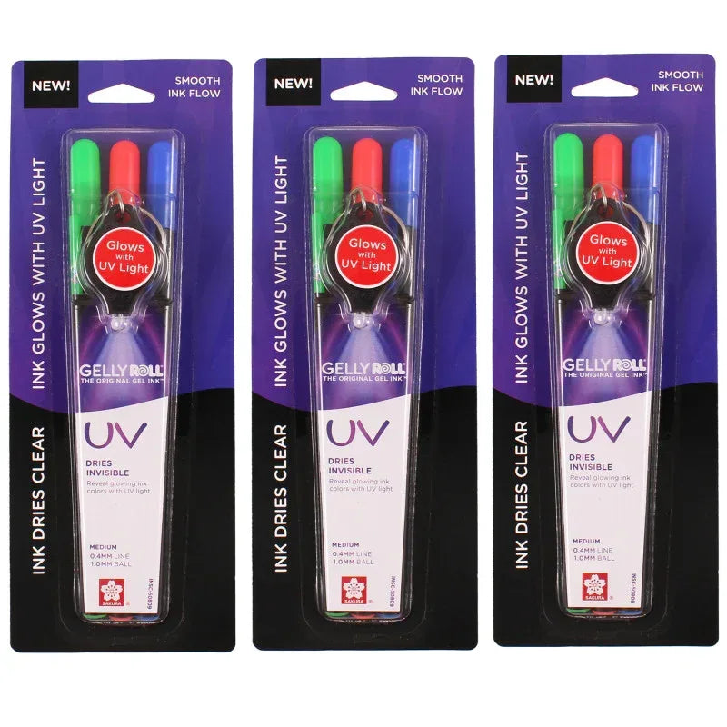 UV Gel Pens, Medium Point, Assorted Colors, 3 Per Set with UV Light, 3 Sets