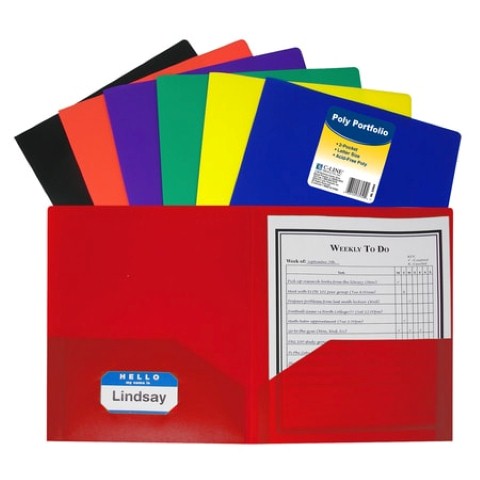 C-Line Assorted Colors Two-Pocket Poly Portfolio Folder Without Prongs, Box of 36
