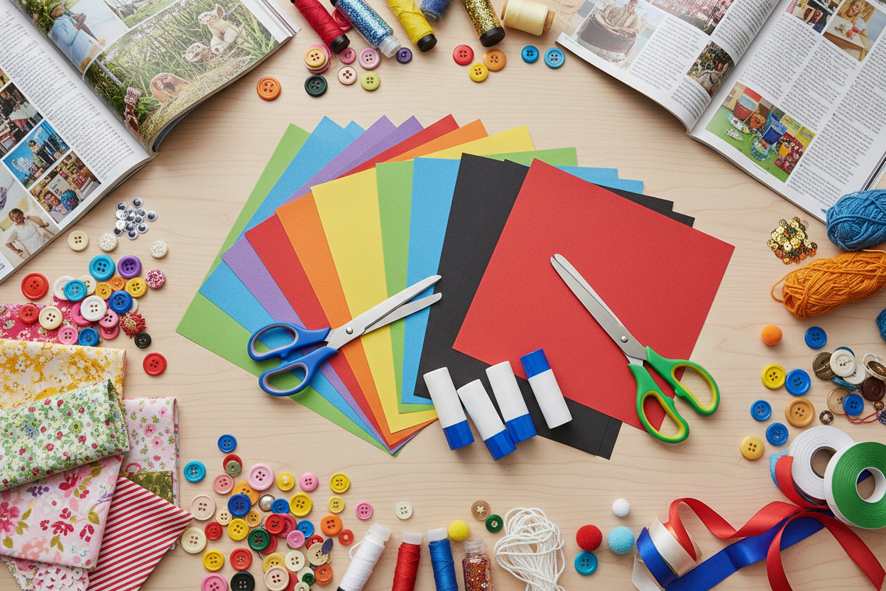 Colorful craft supplies including paper, scissors, markers, and buttons on a wooden table.