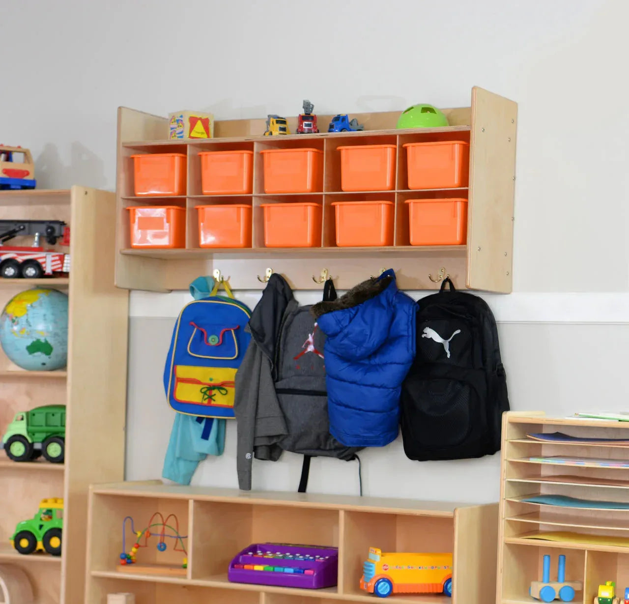 Contender Wall Hanging Storage with Orange Trays - Assembled