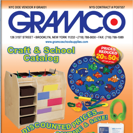 Gramco Craft & School Catalog cover with educational toys and storage unit on an orange background
