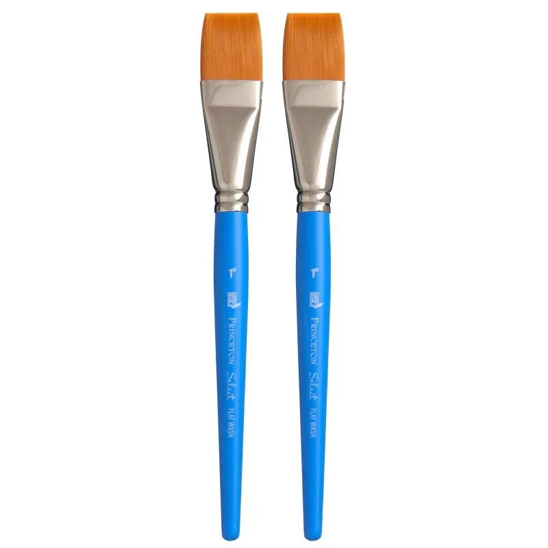 Select Artiste Flat Wash Brush, Synthetic Bristles, Short Handle Mixed Media Paintbrush, Jewel Blue, Size 1 inch, Pack of 2