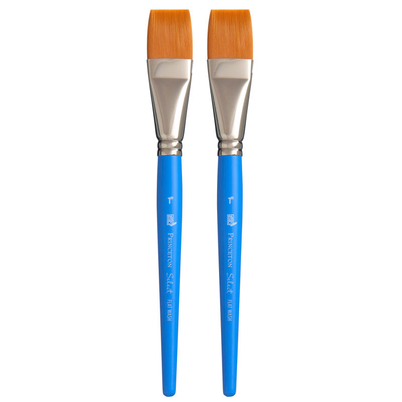 Select Artiste Flat Wash Brush, Synthetic Bristles, Short Handle Mixed Media Paintbrush, Jewel Blue, Size 1 inch, Pack of 2