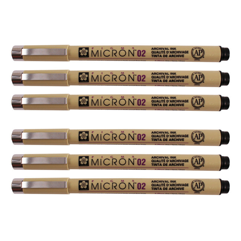 Pigma Micron Pen, Black, 0.30mm Size 02, Pack of 6