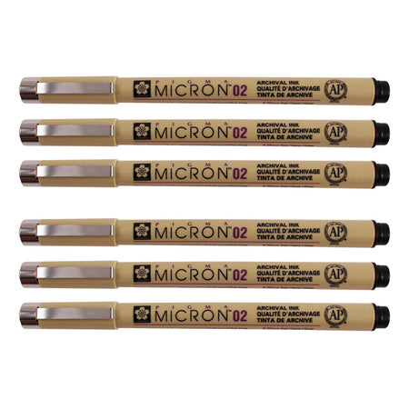 Pigma Micron Pen, Black, 0.30mm Size 02, Pack of 6