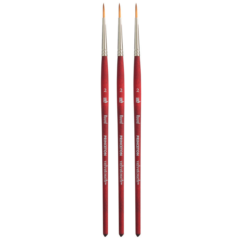 Velvetouch Round Brush, Synthetic Bristles, Short Handle Mixed Media Paintbrush, Scarlet, Size 2, Pack of 3