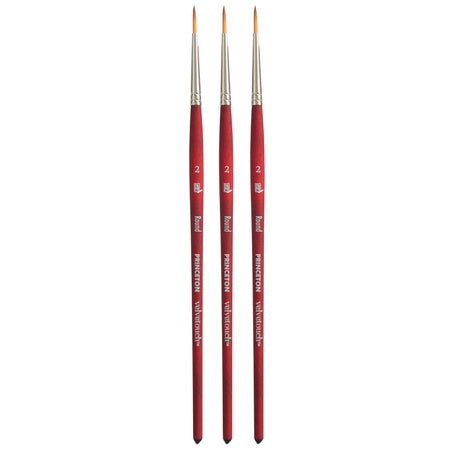 Velvetouch Round Brush, Synthetic Bristles, Short Handle Mixed Media Paintbrush, Scarlet, Size 2, Pack of 3