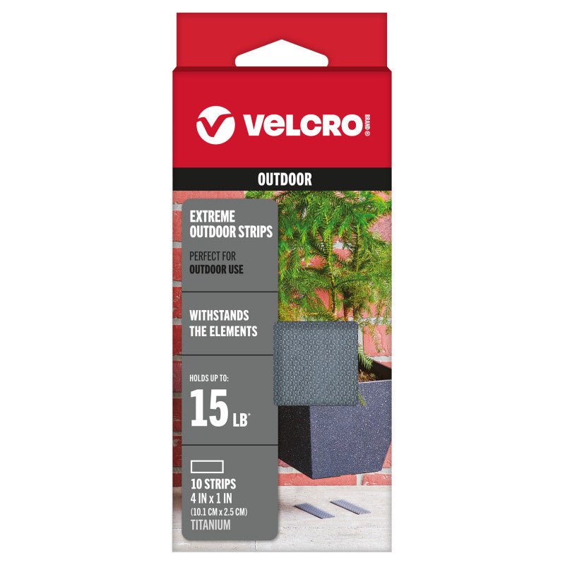 Extreme Outdoor Hook and Loop Strips, 4 in x 1 in, Titanium, 10 Count