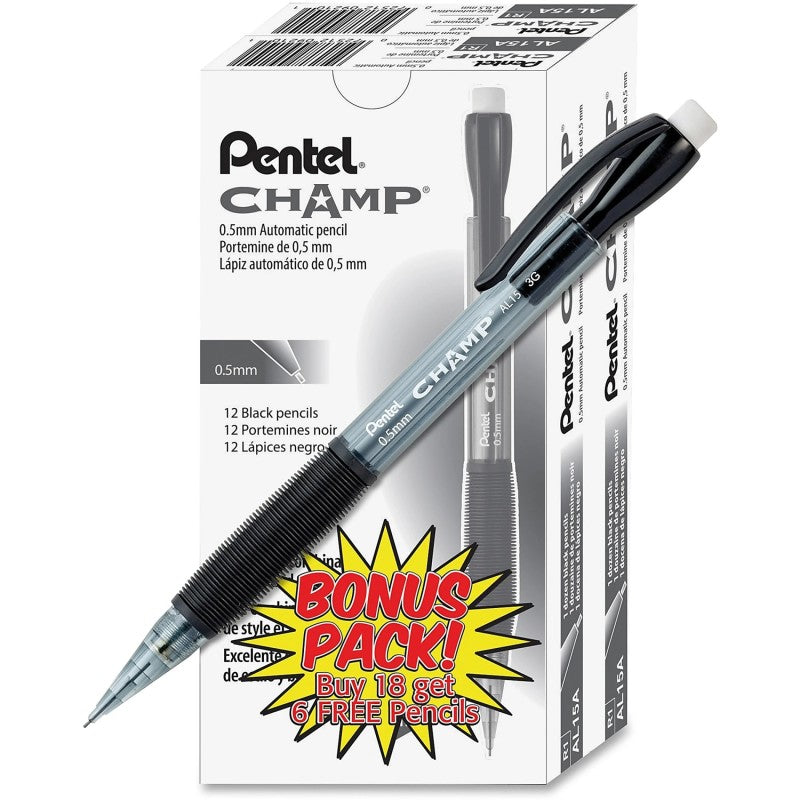 CHAMP Mechanical Pencil, 0.5mm, Black Barrel, Preloaded HB Lead, 24 Pack