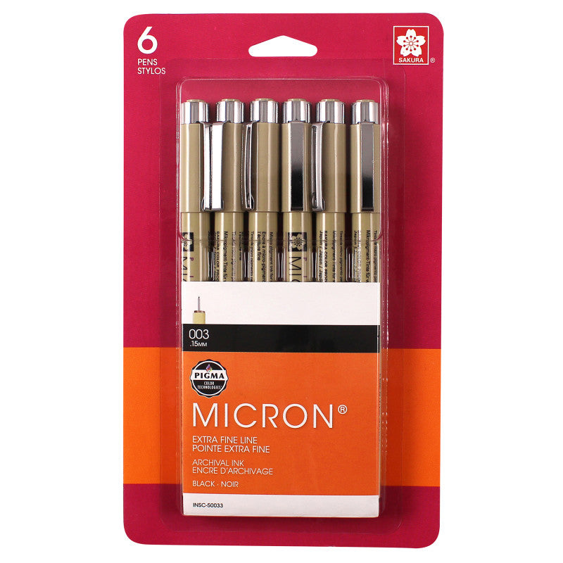 Pigma Micron Pens, Black, Size 003, 6-Pack, Blister Card