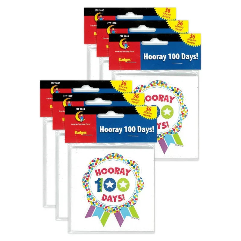 Hooray 100 Days! Ribbon Reward Badge, 36 Per Pack, 6 Packs