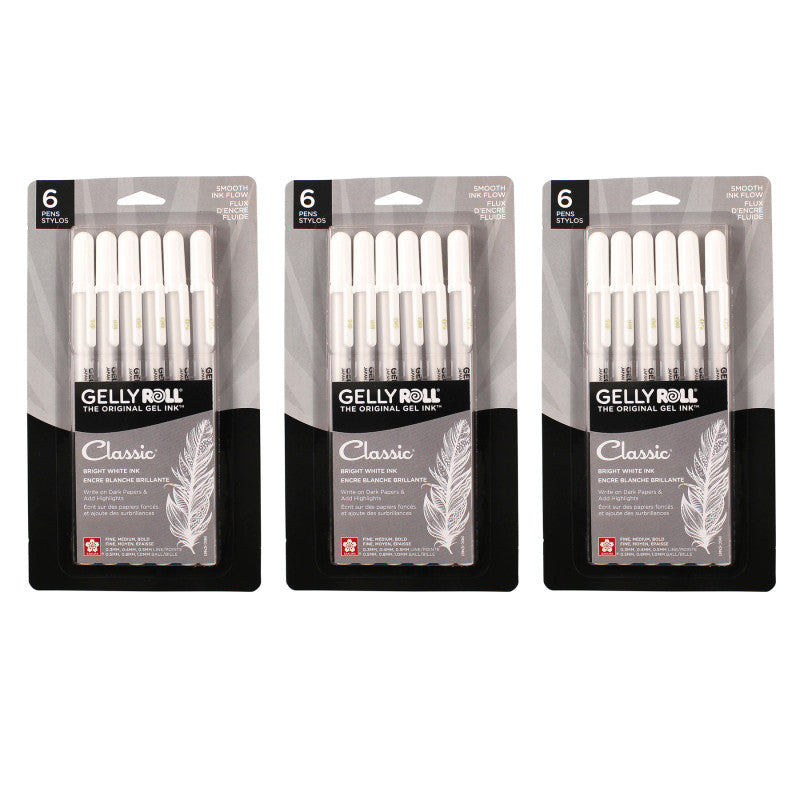 Classic Gel Pens, Assorted Sizes, White, 6 Per Set, 3 Sets