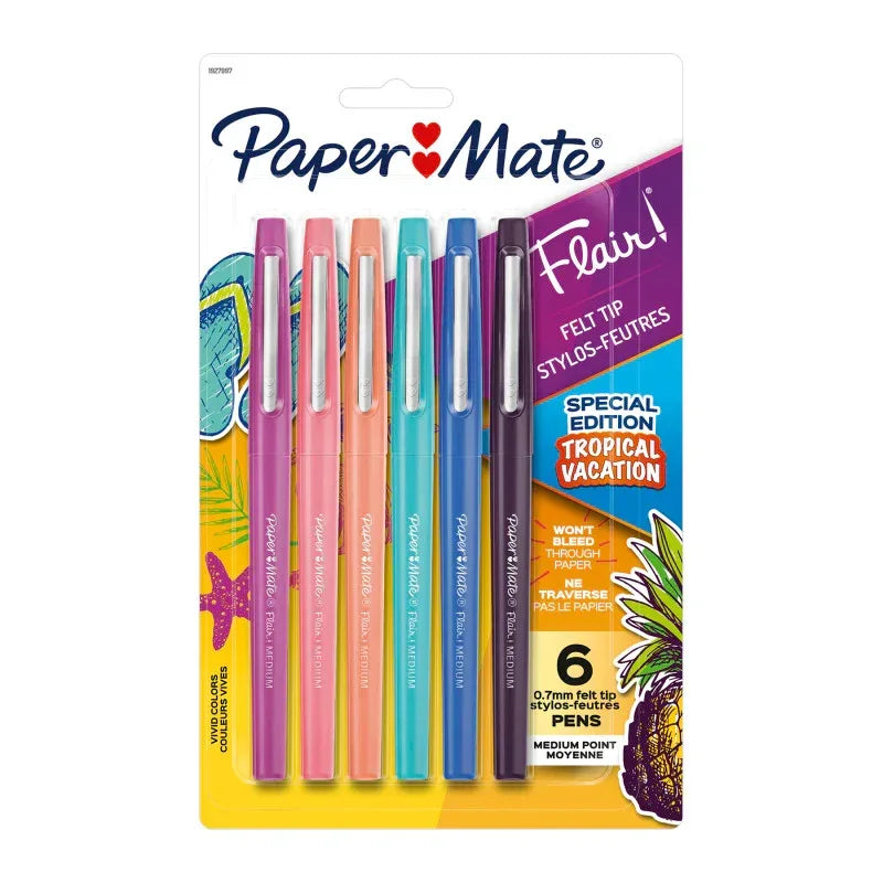 Flair Felt Tip Pens, Medium Point (0.7mm), Tropical Colors, 6 Count