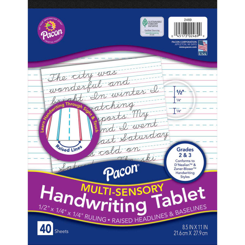 Multi-Sensory Raised Ruled Tablet, Tape-Bound Tablet, 1/2" x 1/4" x 1/4" Ruled Short, 8-1/2" x 11", 40 Sheets