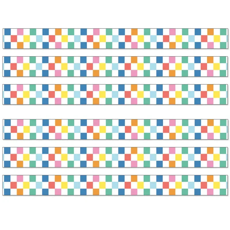 We Stick Together Checkered Rainbow Straight Bulletin Board Borders, 36 Feet Per Pack, 6 Packs
