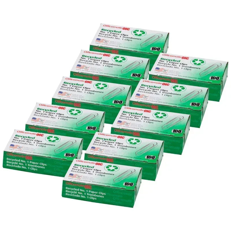 Recycled Paper Clips, #1 Gem, 100 Per Box, 10 Boxes