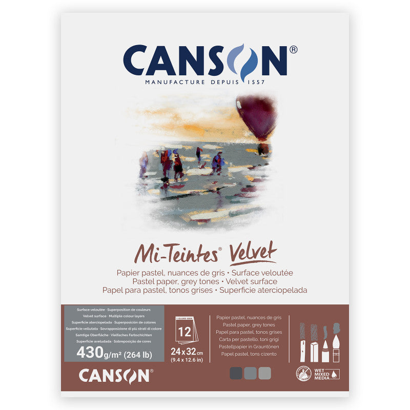Mi-Teintes Velvet Drawing Paper Pad, Grey Tones, 260 lb/430 gsm, 12 Sheets, 9.4 x 12.6 in