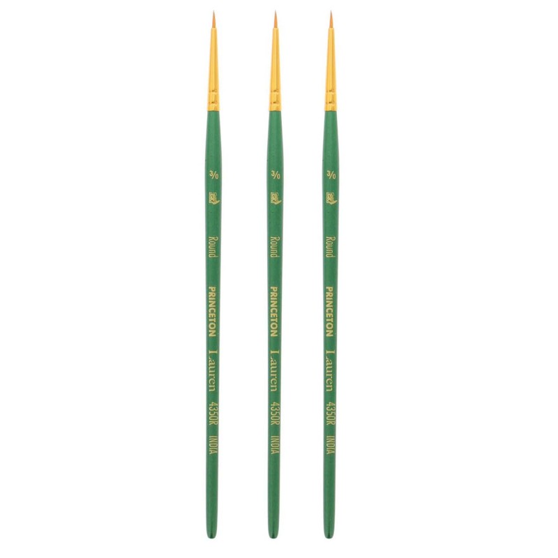 Lauren Round Brush, Synthetic Bristles, Short Handle Watercolor Paintbrush, Evergreen, Size 3/0, Pack of 3