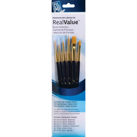 RealValue Brush Set, Gold Taklon Bristles, Short Handle Mixed Media Paintbrush, Dark Blue, 6 Pieces