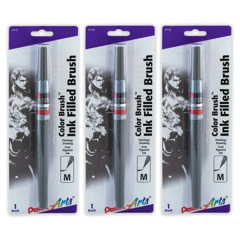 Color Brush with Pigment Ink, Medium Tip, Gray, Pack of 3
