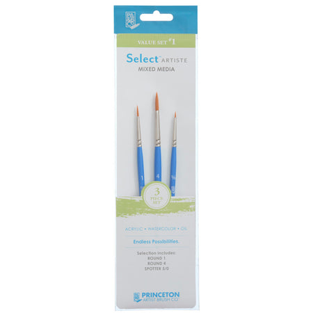 Select Artiste Brush Set No. 1, Synthetic Bristles, Short Handle Mixed Media Paintbrush, Jewel Blue, 3 Pieces